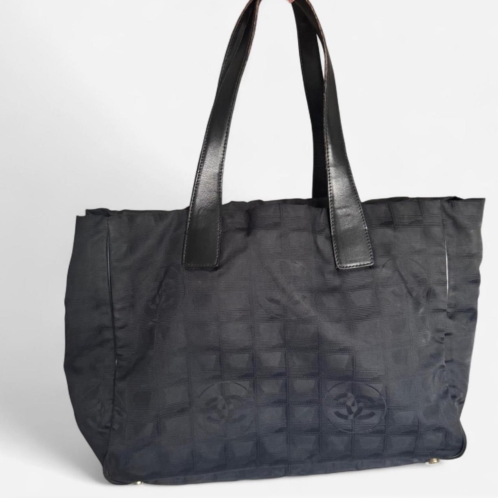 Auth Chanel Black Travel Line Nylon Tote Bag
